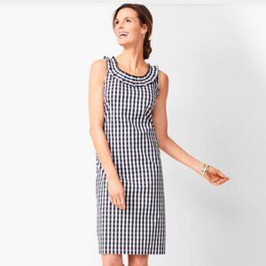 Talbots Pleat Neck Sheath Midi Dress in Gingham 8 Navy Blue
